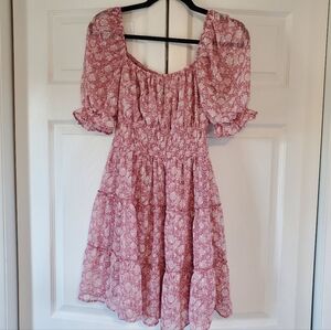 Pink Floral Smocked Sleeve Mini Dress